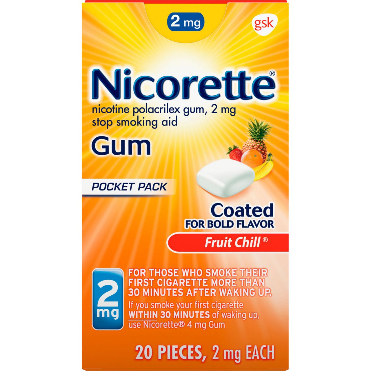Nicorette Nicotine Gum Fruit Chill flavor 2 mg strength, showing fresh chewing gum pieces in a blister pack.