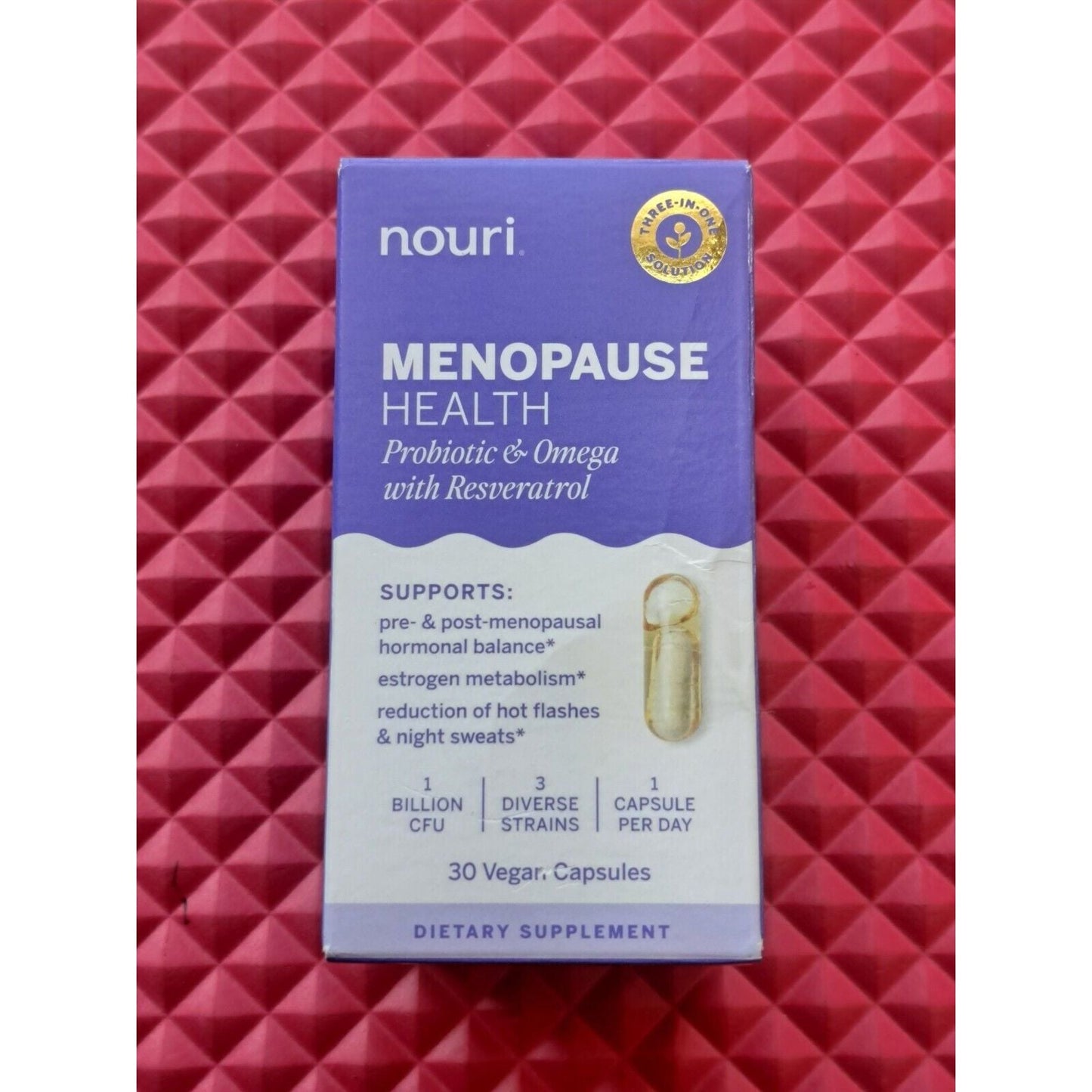 Nouri Menopause Health probiotic capsules by Pasteur Pharmacy, 30-count bottle, dietary supplement for menopause support.