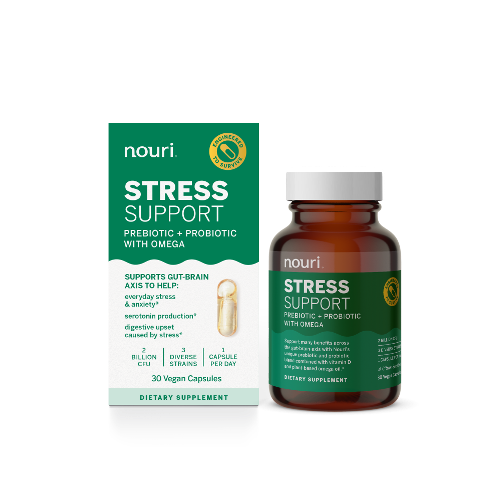 Nouri Stress Support Probiotic Capsules by Pasteur Pharmacy, 30-count bottle for digestive and stress health support.