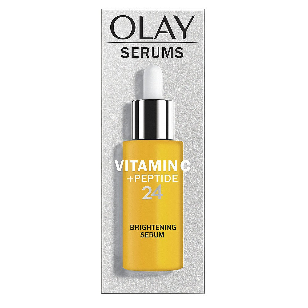 Olay Brightening Serum with Vitamin C and Peptides in a 1.3 fl oz bottle, designed for skin brightening and health.