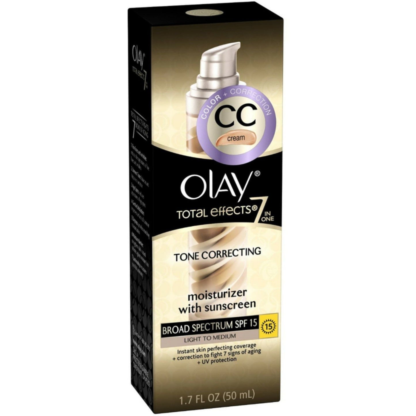 Olay CC Cream Total Effects moisturizer with SPF 15 in a 1.7 oz tube, providing tone correction and broad spectrum sun protection.