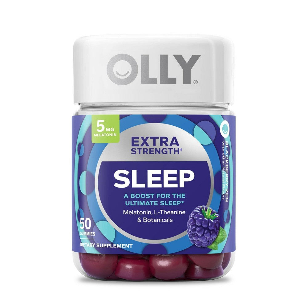 Olly Es Sleep supplement in 50g package, dietary health and beauty product, shown in a clear image with packaging details