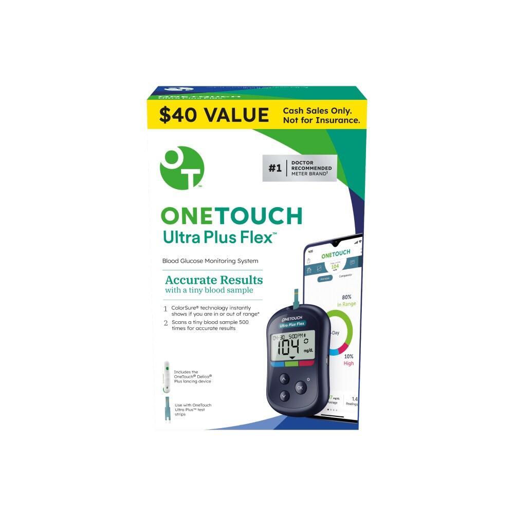 OneTouch Ultra Plus Flex blood glucose testing kit in original packaging with test strips and accessories, by Pasteur Pharmacy.