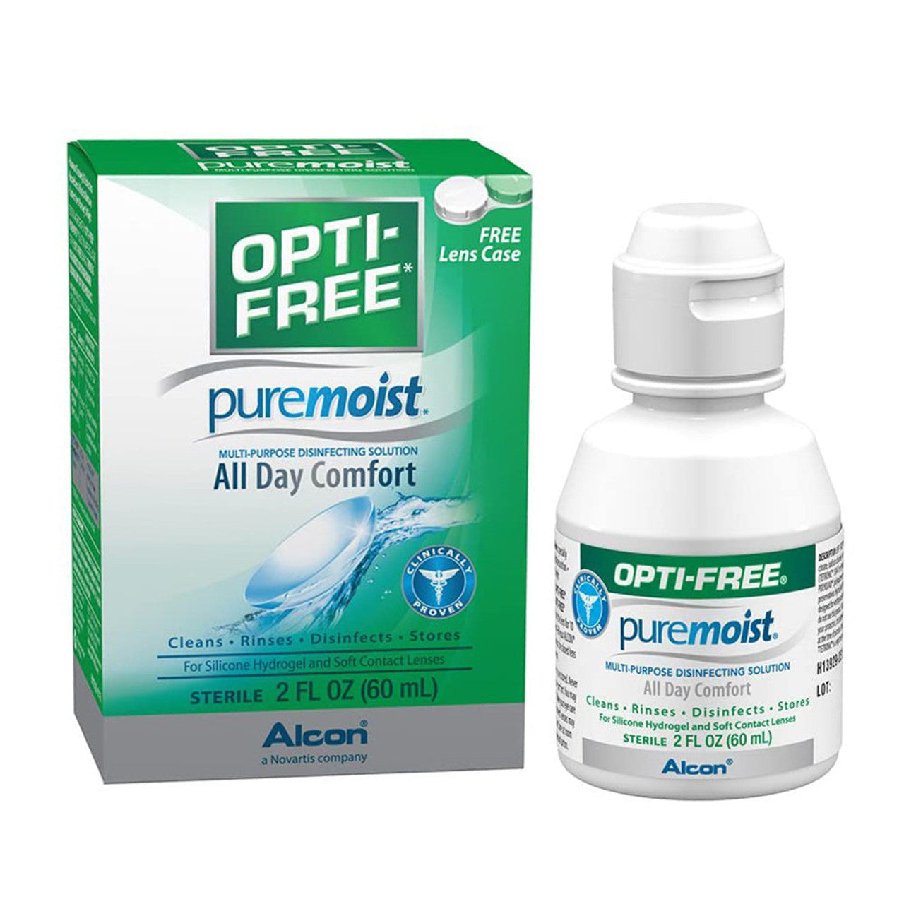 Opti-Free Puremoist multi-purpose contact lens solution with Hydraglyde disinfectant in a 2 fl oz bottle from Pasteur Pharmacy.
