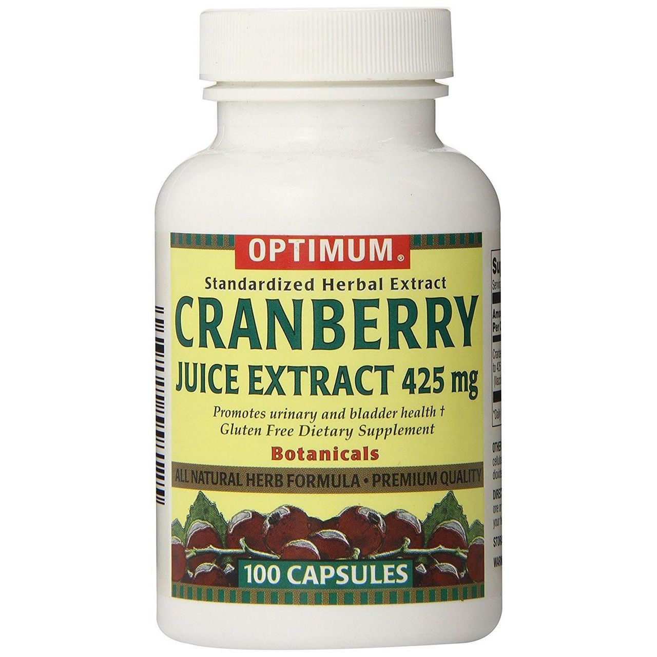 Optimum Cranberry Juice Extract Capsules 425 Mg in a bottle, natural dietary supplement for urinary health by Pasteur Pharmacy