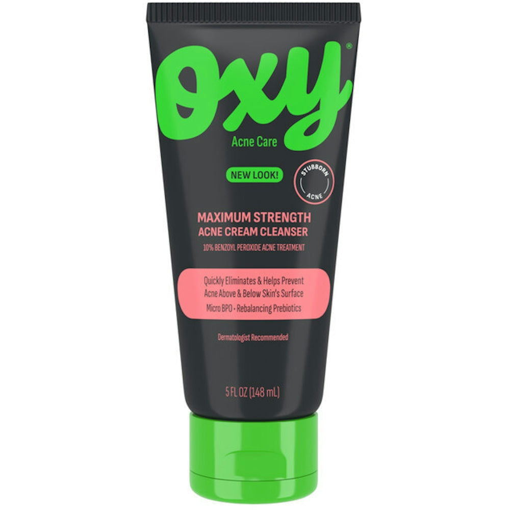 Oxy Maximum Strength Acne Cream Cleanser in 5 fl oz bottle, for clear skin, with the Pasteur Pharmacy branding visible.