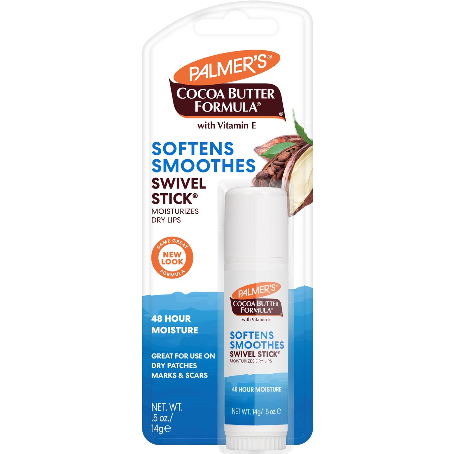 Palmer's Cocoa Butter Lip Moisturizer Swivel Stick with Vitamin E, 0.5 oz, in a compact black tube, for soft, hydrated lips