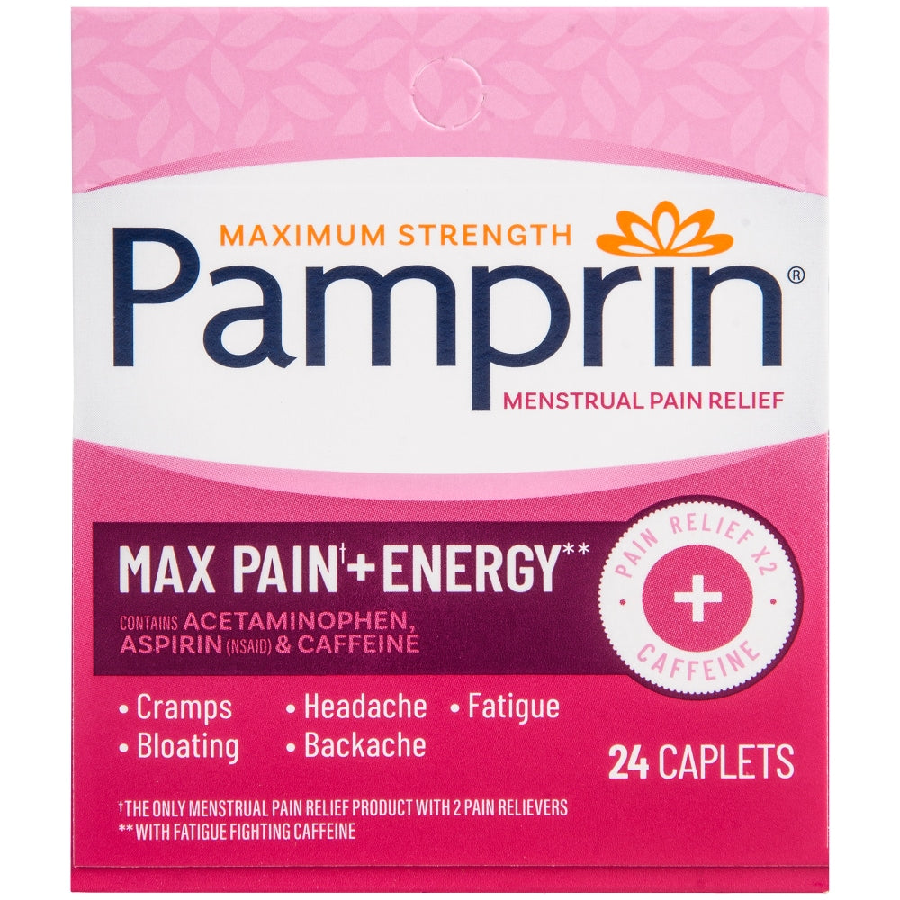 Pamprin Maximum Strength Menstrual Pain Relief capsules in blister pack, for menstrual discomfort, by Pasteur Pharmacy.