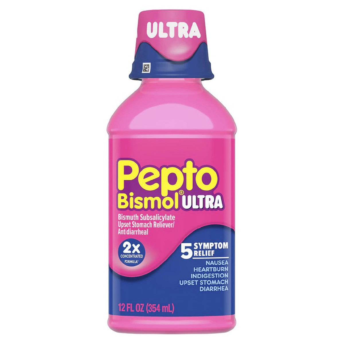 Pepto Bismol upset stomach reliever and antidiarrheal bottle, 12 fl oz, in a health and beauty setting.