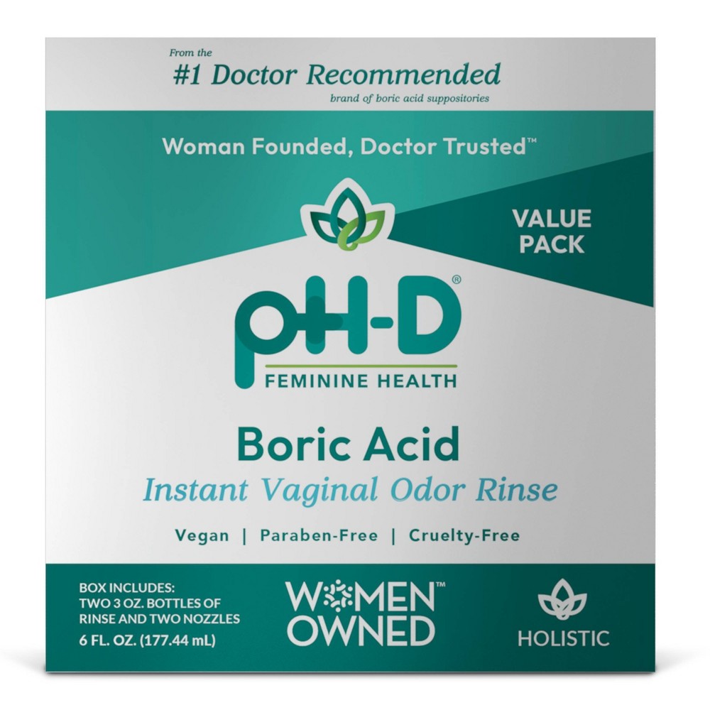 PH-D Feminine Health Vaginal Odor Rinse by Pasteur Pharmacy in 6 Fl Oz bottle, featuring boric acid for feminine hygiene.
