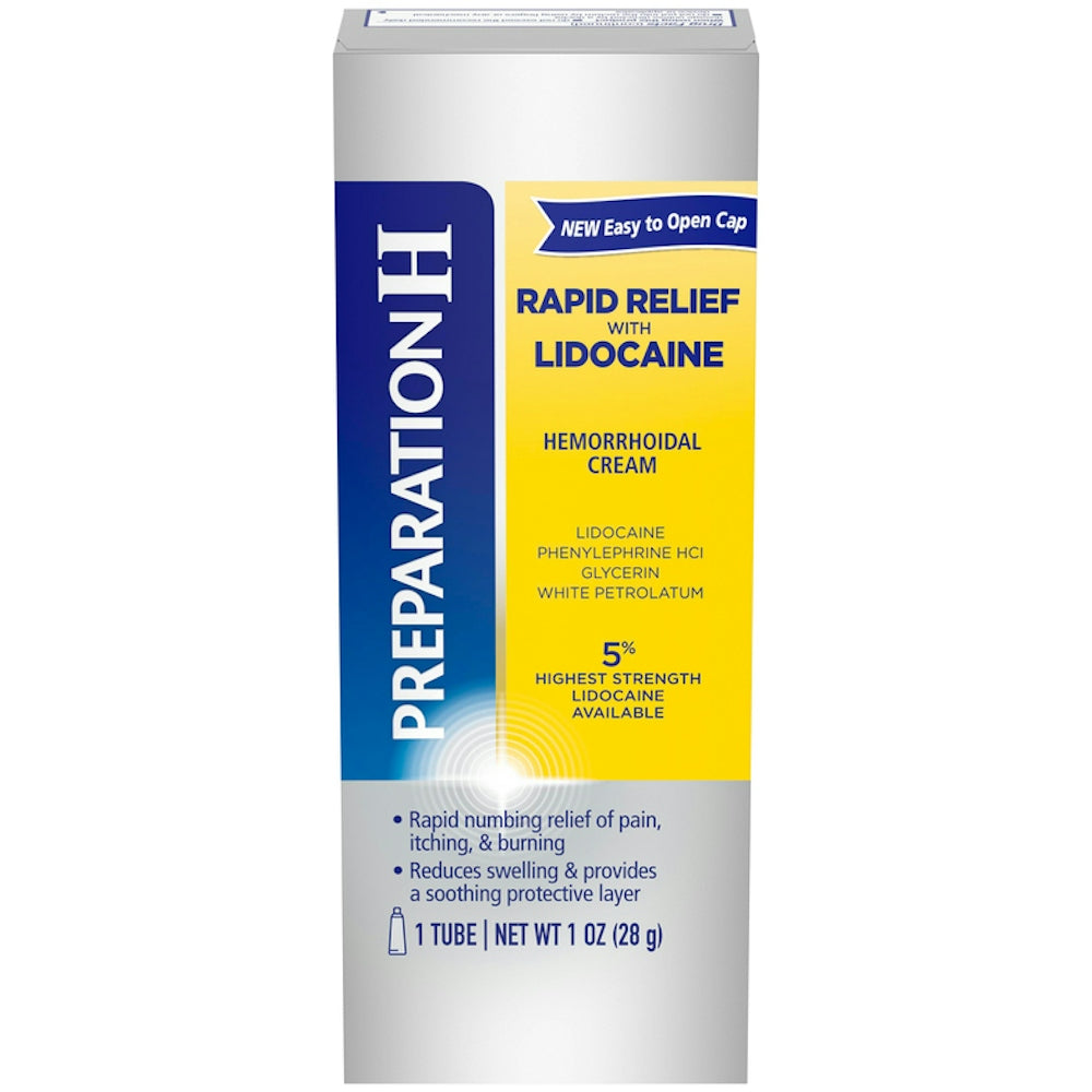 Preparation H Rapid Relief Hemorrhoidal Cream with Lidocaine in 1 oz tube, offering soothing relief for hemorrhoids.