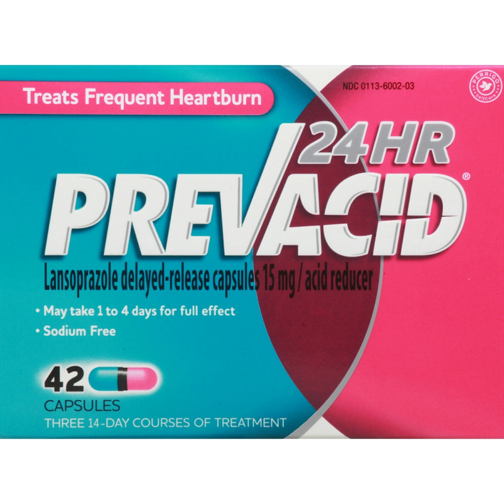 Box of Prevacid 24HR Lansoprazole 15 mg capsules for acid reduction, with the Pasteur Pharmacy label visible.