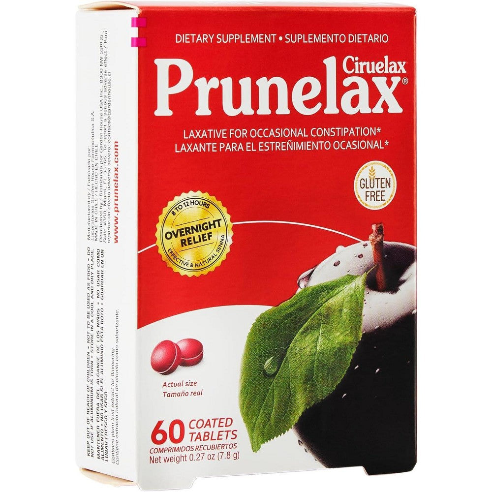 Prunelax Ciruelax natural laxative regular mini tablets in a bottle, used for gentle bowel relief, by Pasteur Pharmacy.