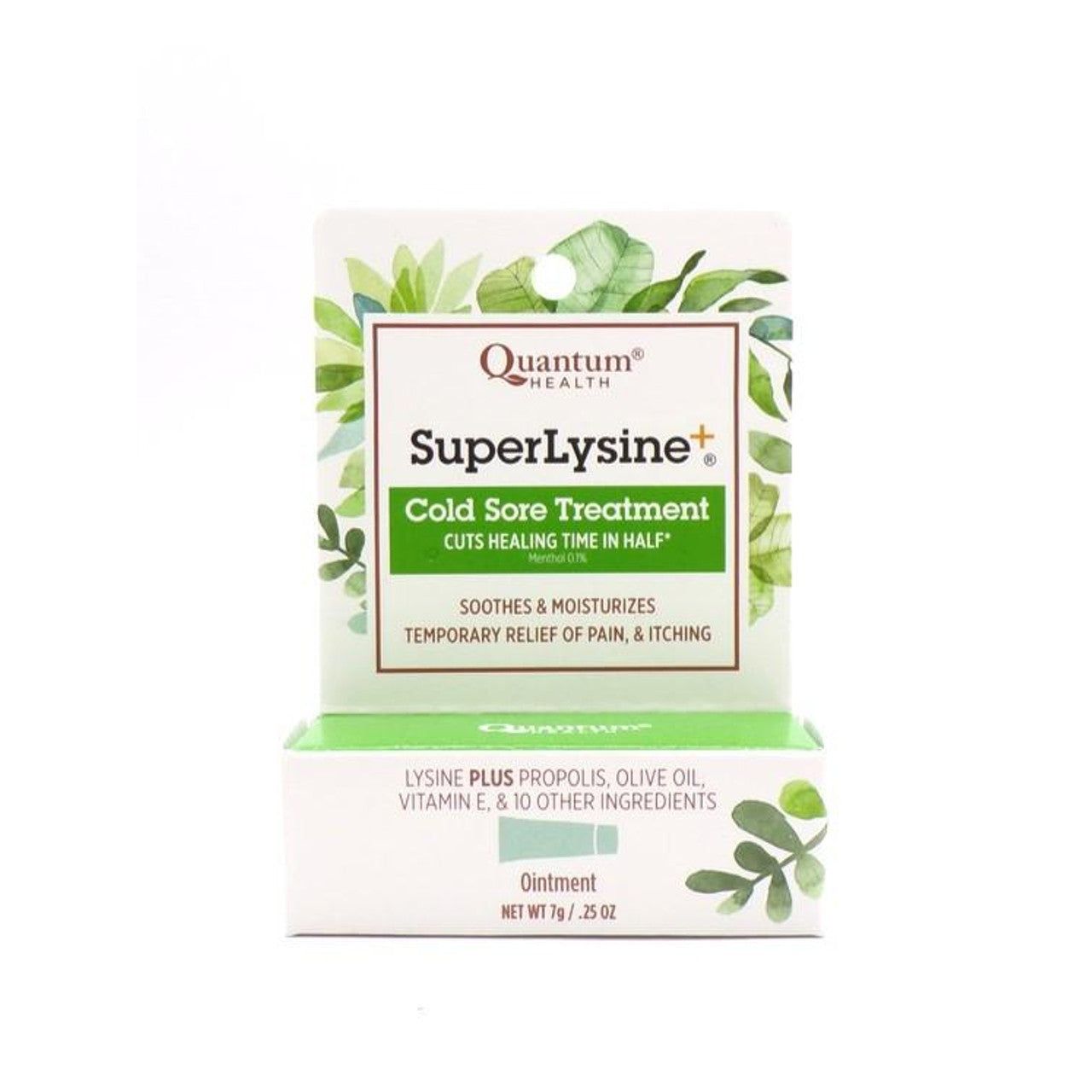 Quantum Super Lysine Plus Cold Sore Treatment Cream in 0.25 oz tube, showing the white and blue packaging with product label.