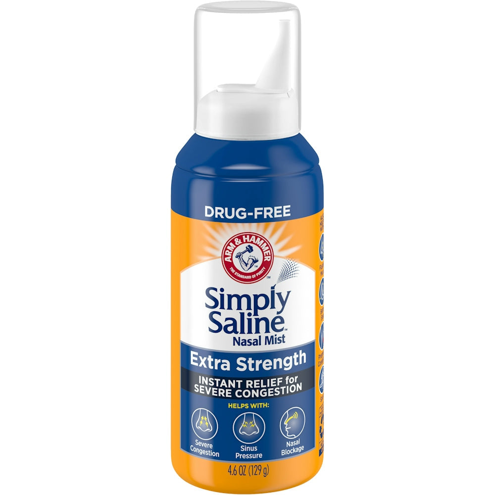 Simply Saline Arm & Hammer nasal relief mist in a spray bottle, designed for soothing nasal congestion and dryness.