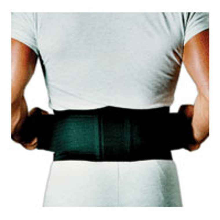 Black Sportaid 6-inch back support by Pasteur Pharmacy, designed for medium to large waist sizes, providing lumbar support.