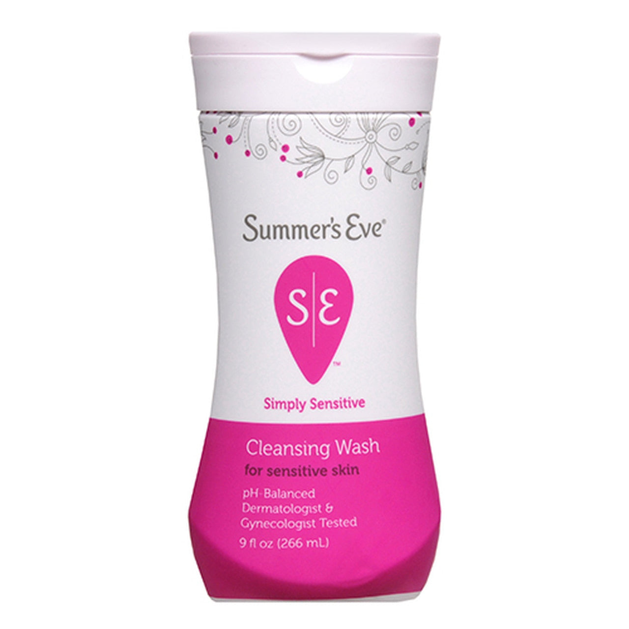 Summer's Eve Sensitive Skin Cleansing Wash bottle in a 9 oz container, with gentle formula for intimate hygiene.
