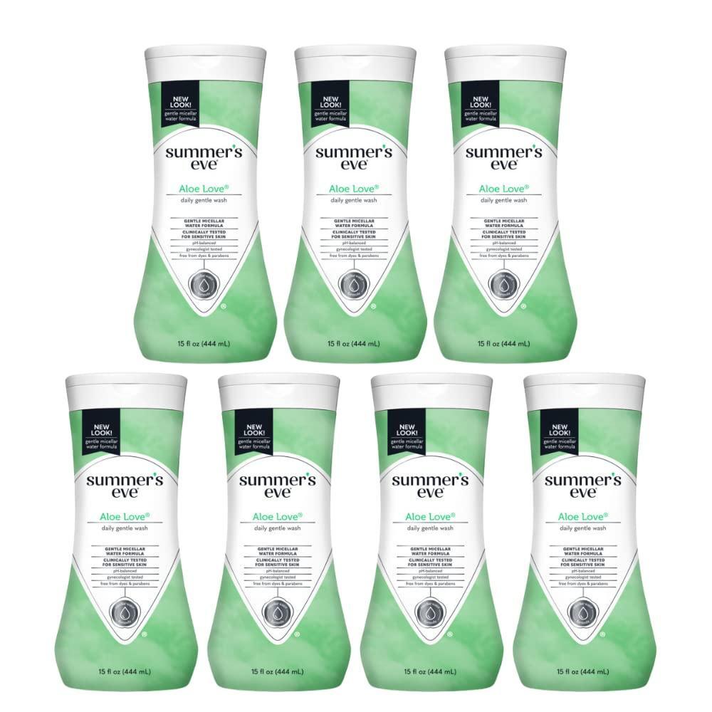 Summer's Eve Feminine Cleansing Wash Aloe Love in a 15 Fl Oz bottle, gentle feminine hygiene product by Pasteur Pharmacy.