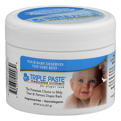 Triple Paste medicated ointment for diaper rash in a white tube with blue and red accents, designed for baby skin care.