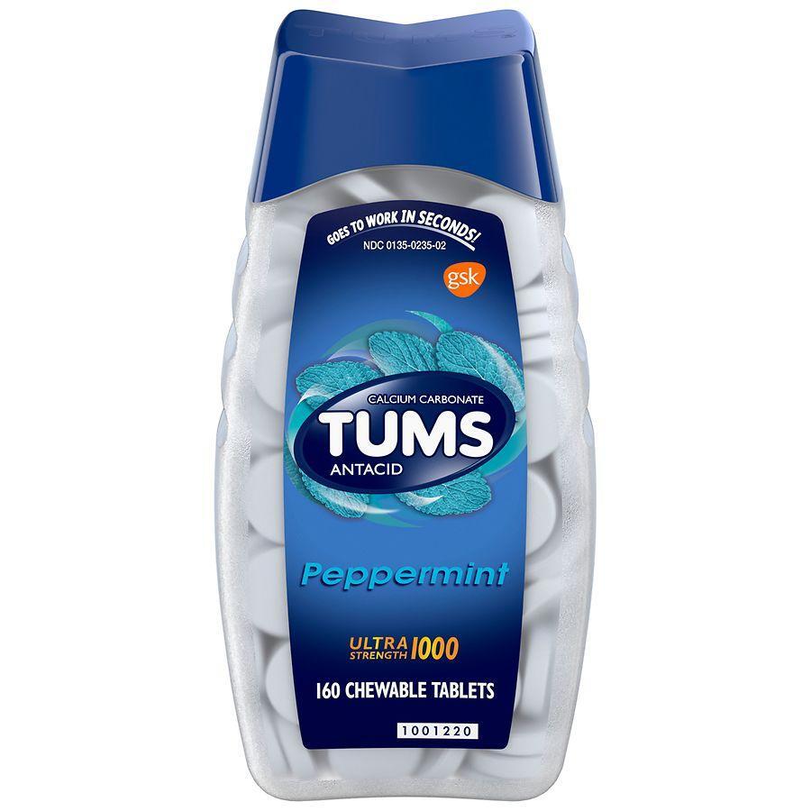 Pasteur Pharmacy Tums Antacid Chewable Tablets in peppermint, ultra strength for quick heartburn relief, shown in bottle.