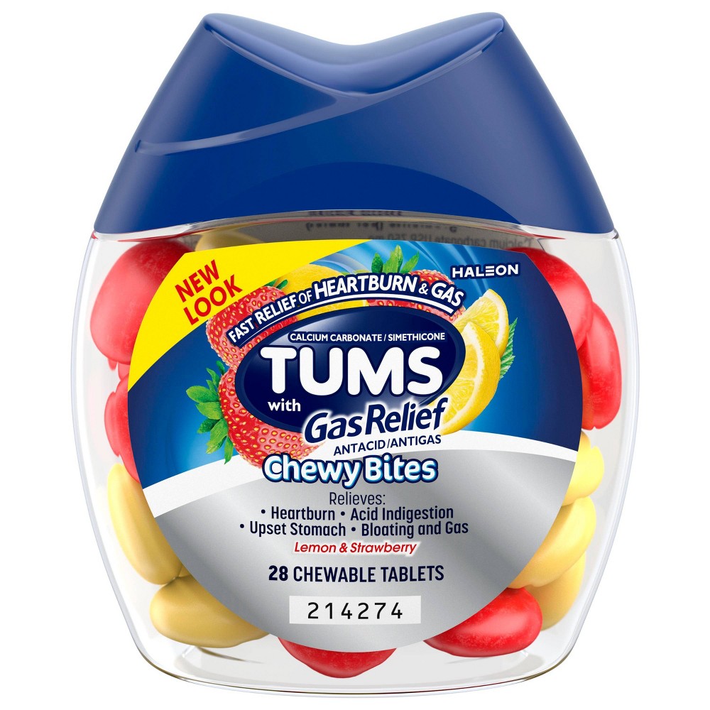 Tums Antacid Extra Strength Chewy Bites in Lemon and Strawberry flavor, 28 count, a health and beauty digestive relief product.
