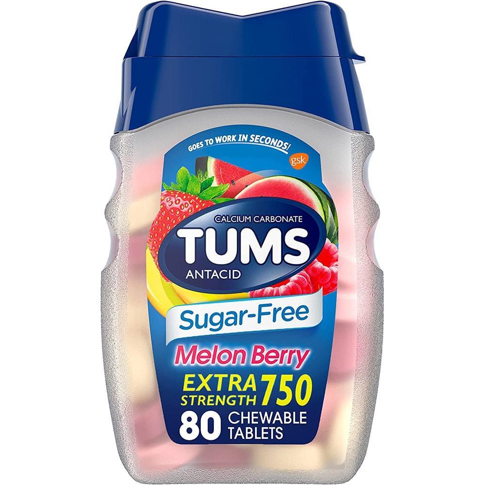 Tums Sugar Free Extra Strength Antacid Melon Berry chewable tablets in a blister pack, used for heartburn relief.