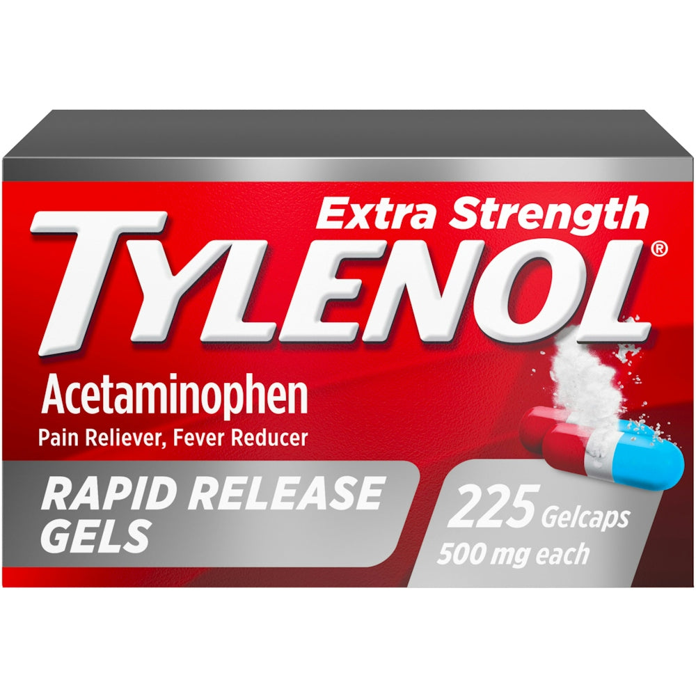 Tylenol 500 mg Extra Strength Rapid Release Gelcaps by Pasteur Pharmacy, showing the bottle of acetaminophen gelcaps.