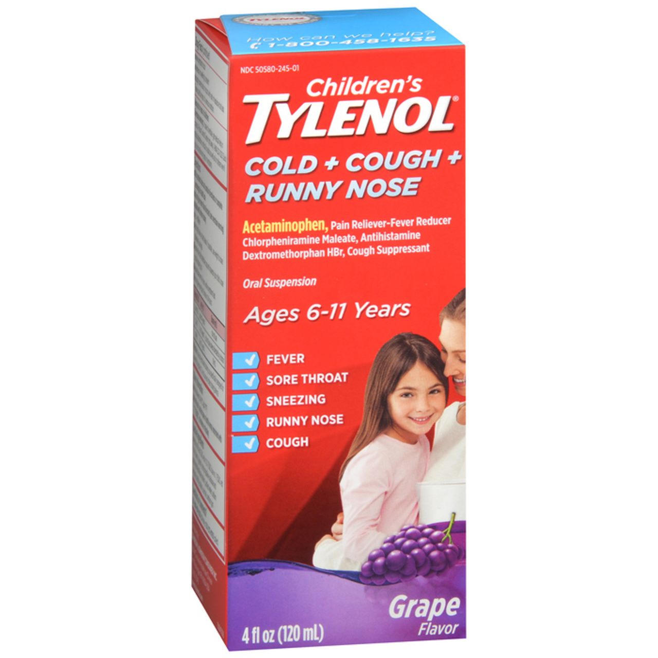 Bottle of Tylenol Children's Cold and Cough syrup in a 120ml bottle from Pasteur Pharmacy, for relief of cold and cough symptoms.