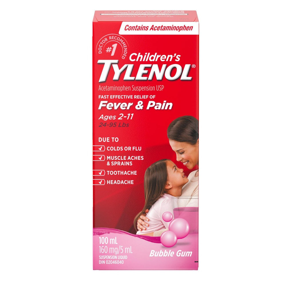 Children's Tylenol oral suspension in bubble gum flavor, 4 fl oz, showing the bottle with a child-friendly label.