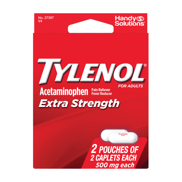Tylenol Extra Strength Caplets 500mg by PTL Enterprises, in blister packaging, for pain relief and health support.