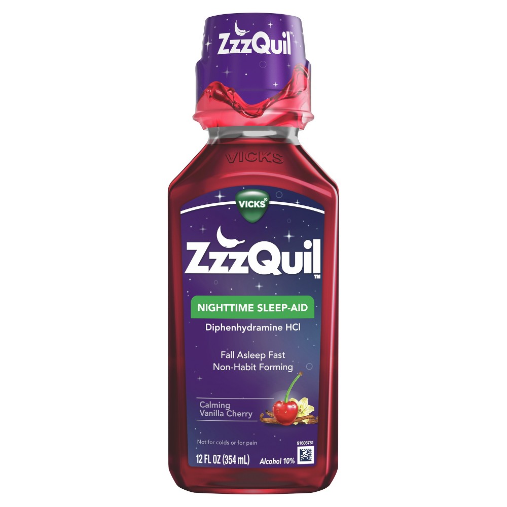Vick's ZzzQuil Nighttime calming vanilla cherry sleep-aid bottle, 12 fl oz, in a health and beauty setting