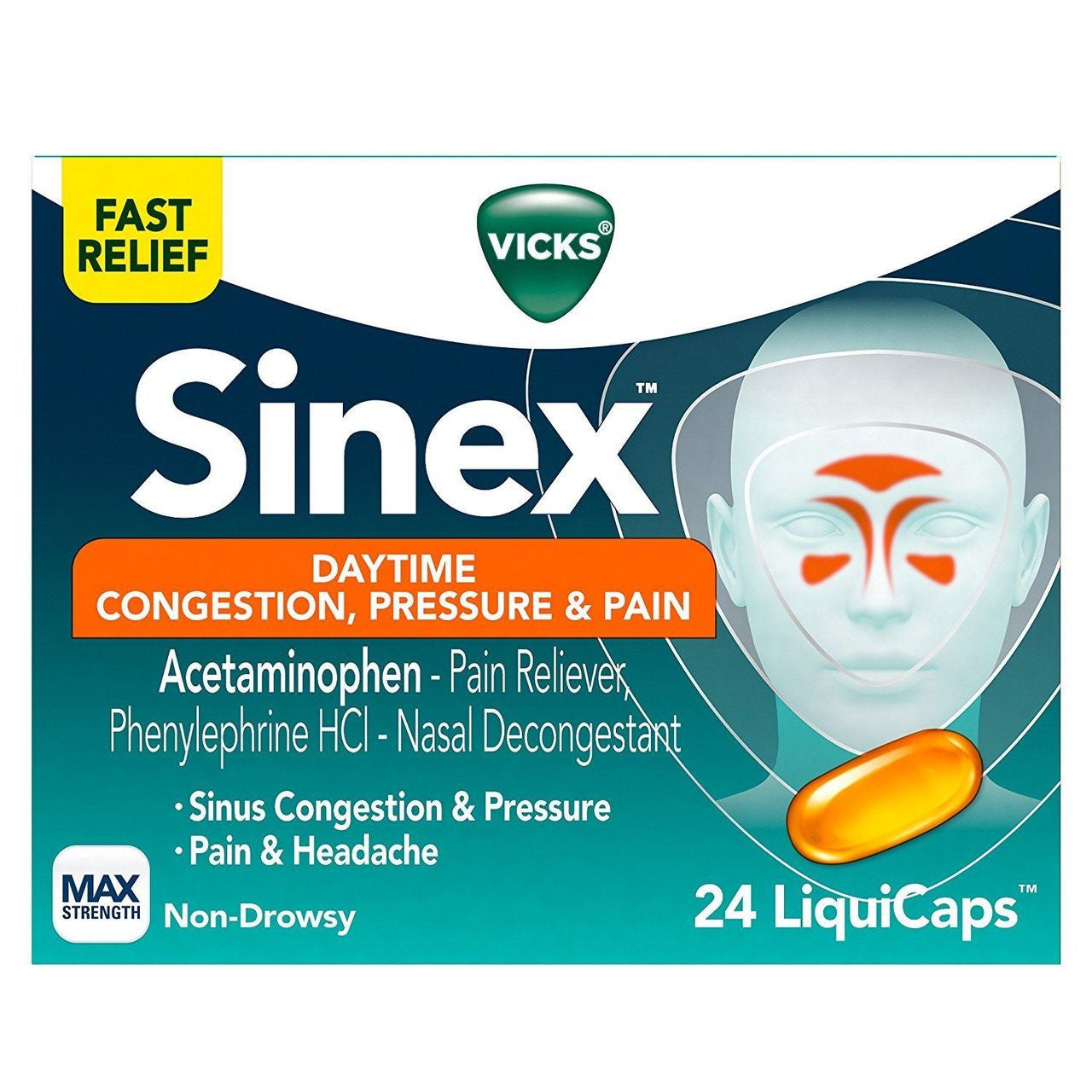 Vicks Sinex Severe Sinus Pressure, Pain, Congestion LiquiCaps in a blister pack for nasal relief and sinus congestion relief.