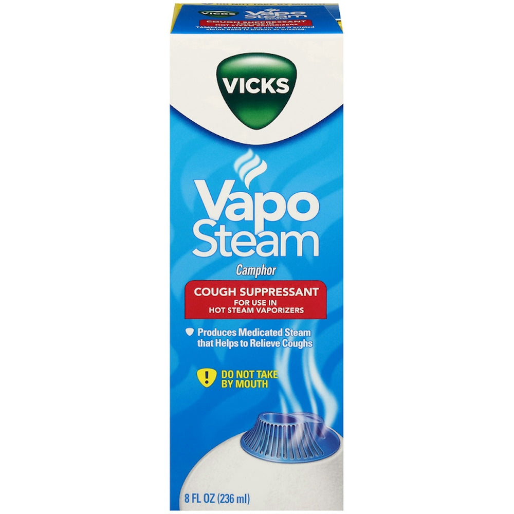 Vicks Vapo Steam cough suppressant in an 8 fl oz bottle, used for soothing coughs and congestion relief.