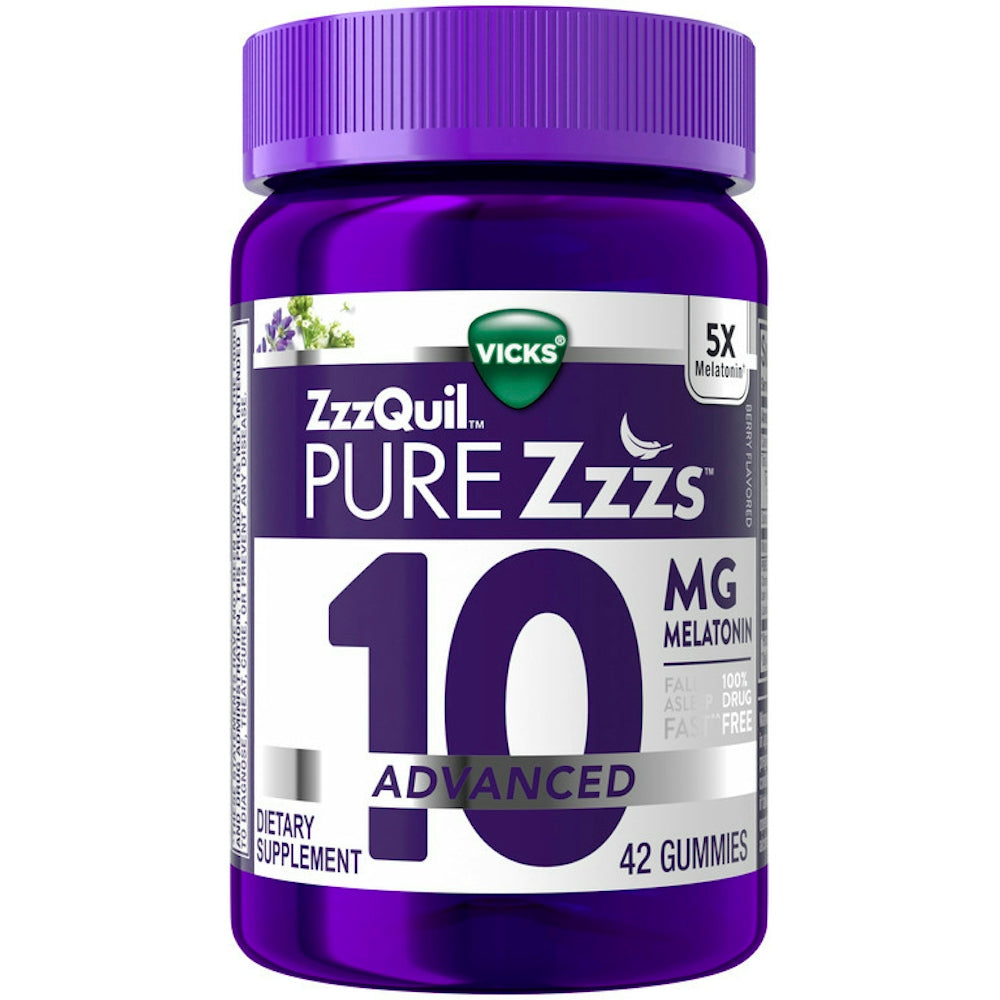 Vicks ZzzQuil 10 Advanced Mg Melatonin Gummies for sleep aid, displayed in a clear bottle with 42 gummies inside.