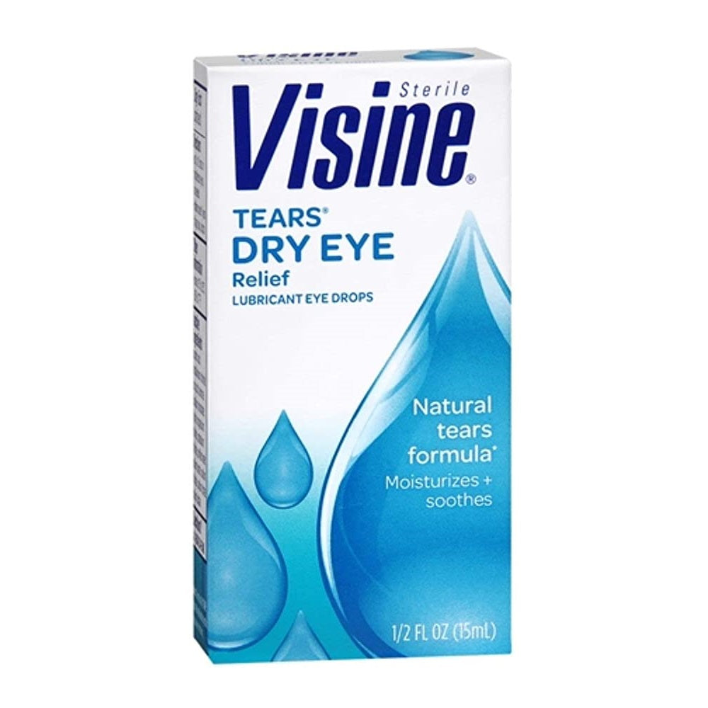 Visine Tears Dry Eye Relief 0.5 Fl Oz box from Pasteur Pharmacy, featuring eye drops for dry eye comfort and relief.