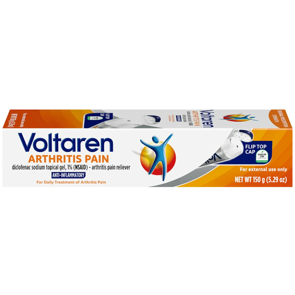 Voltaren Arthritis Pain Relief Gel in a 5.3 oz tube, used for reducing joint and muscle pain, displayed on a clean background.