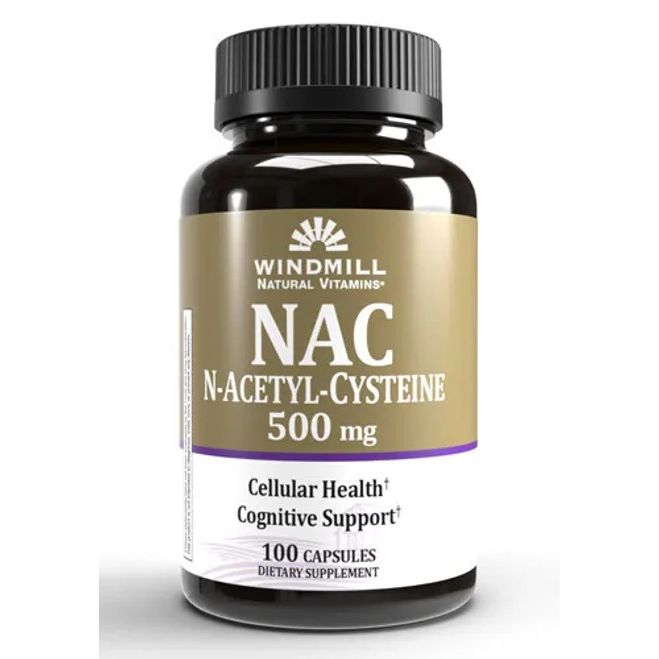 Windmill Vitamins NAC 500mg capsules, dietary supplement for health and wellness, shown in a bottle with 100 capsules.