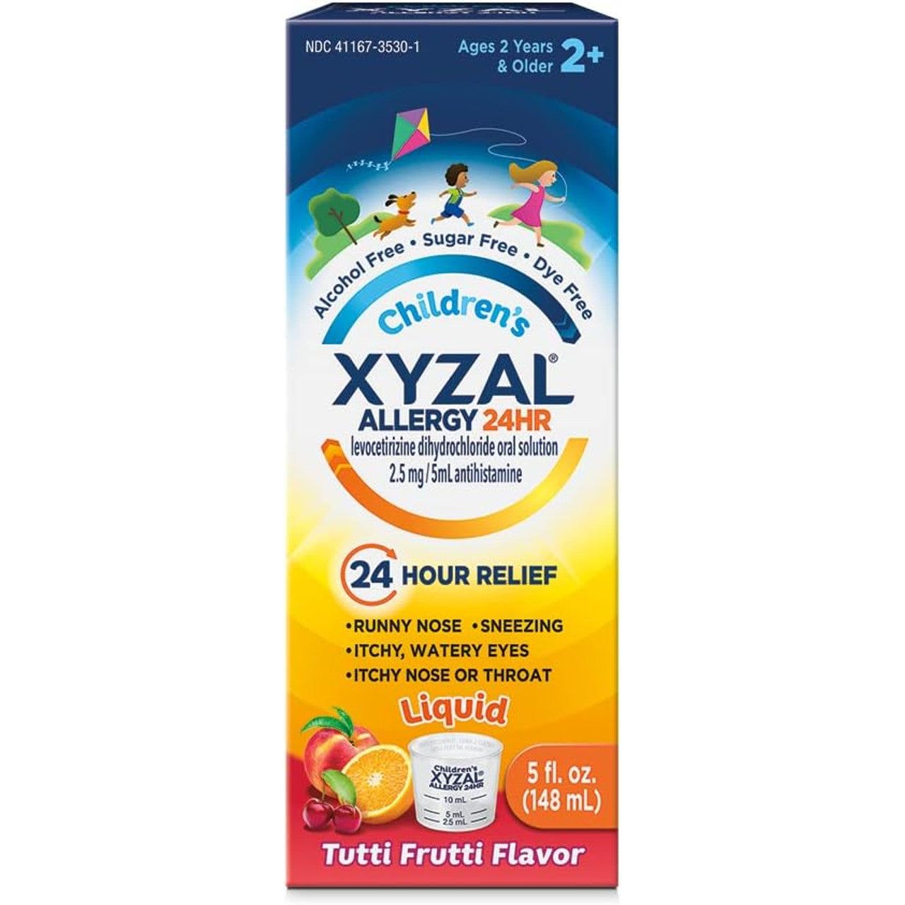 Children's Xyzal Allergy liquid in bubble gum flavor, 5 oz bottle, for 24-hour allergy relief, from Pasteur Pharmacy.