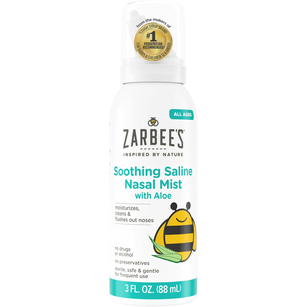 Zarbee's Naturals Aloe Soothing Saline Nasal Mist in a 3 fl oz bottle, designed for nasal relief and hydration.