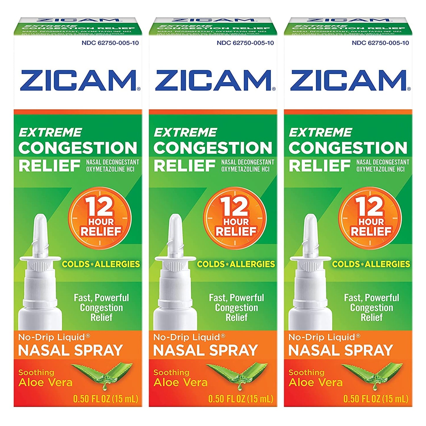 Zicam Extreme Congestion Relief No Drip Liquid Nasal Spray with soothing aloe vera in a 0.5 Fl Oz bottle, designed for nasal relief.