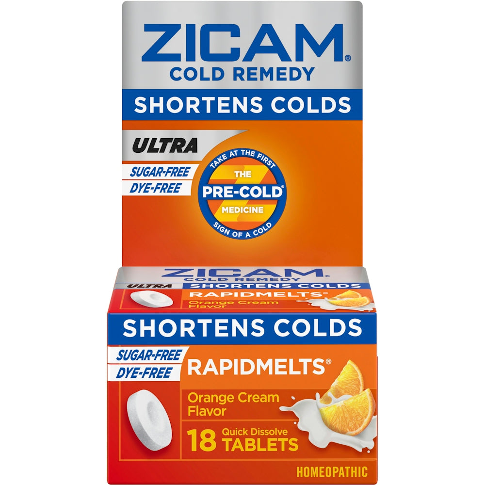 Zicam Zinc Cold Remedy Ultra Rapid Melts tablets in orange cream flavor, 18-count, showing the quick-dissolve tablets and packaging