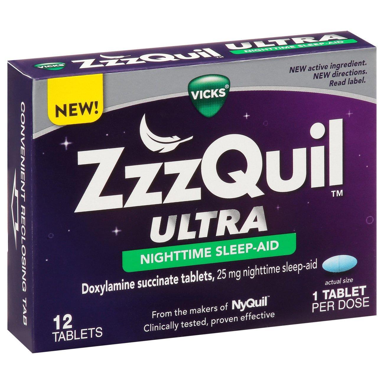 ZzzQuil Ultra 25 mg nighttime sleep aid tablets from Pasteur Pharmacy, sleep supplement for restful nights.
