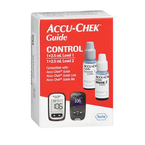 Accu-Chek Guide Control Solutions 2.5 ml in a clear vial for diabetes blood glucose testing, by Pasteur Pharmacy.