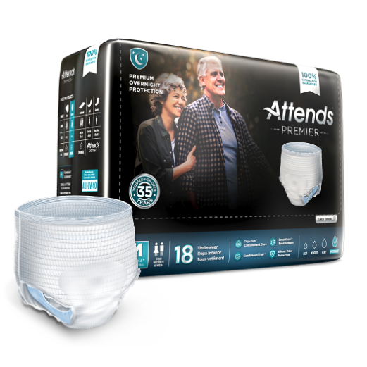 Attends Premier Premium overnight protection underwear for large adults, 44-58 inch waist, in size L, designed for health care needs.