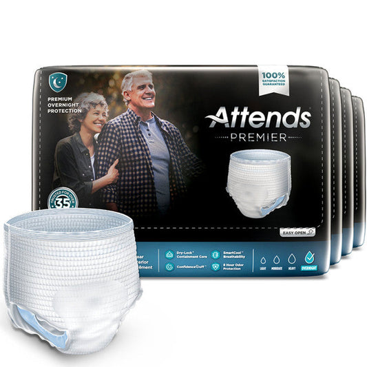 Attends Premier Premium Overnight Protection Underwear XL for waist 58-68 inches, displayed in white, designed for overnight health care.