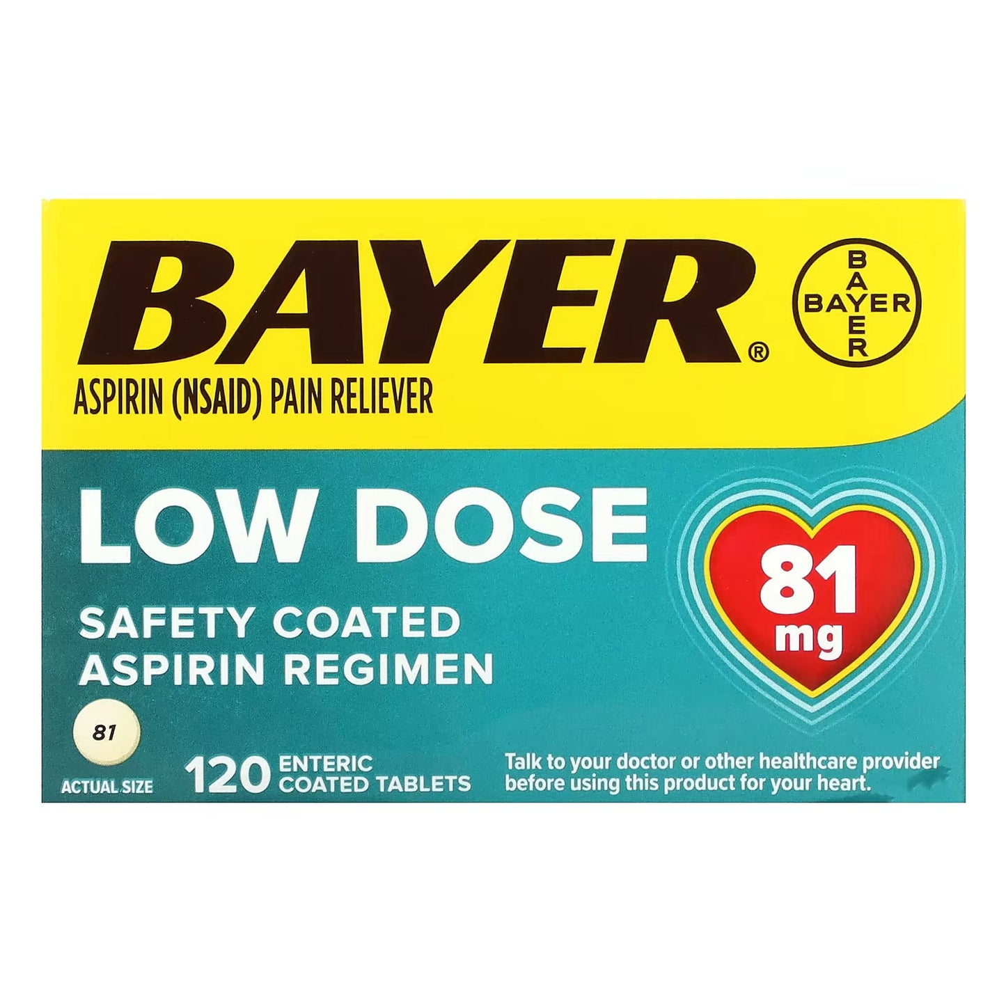 Bayer Safety Coated Aspirin Regimen Low Dose 81 mg bottle, health care product, with coated aspirin tablets, in a pharmacy setting.