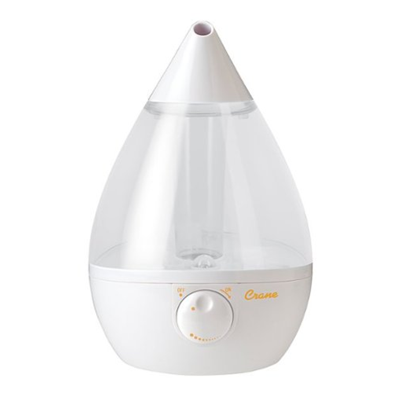 Crane Drop 1-gallon ultrasonic cool mist humidifier in clear and white, designed for health care use, shown on a plain background