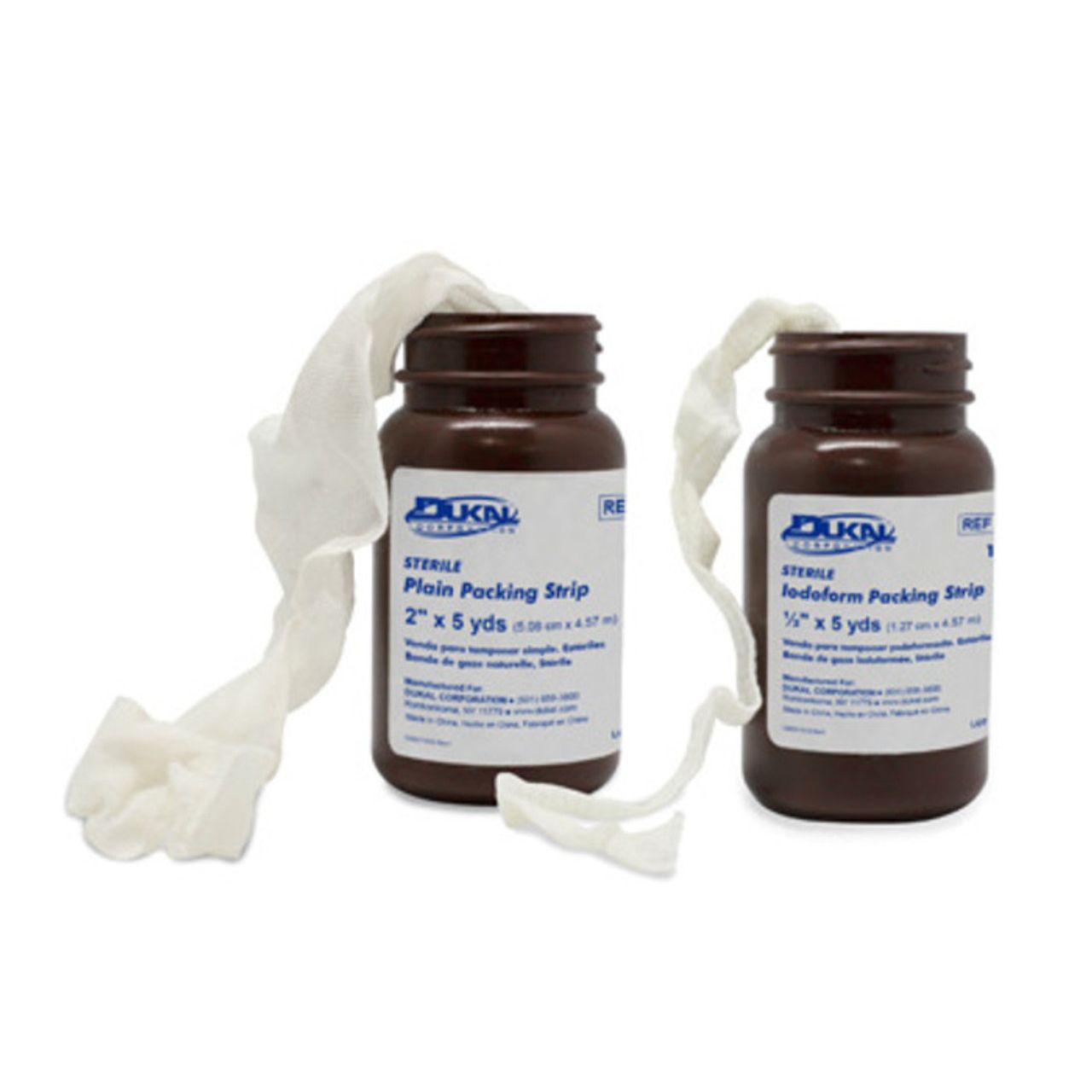 Sterile Dukal Iodoform strips, 1 inch by 5 yards, used for wound care, shown in a healthcare setting.