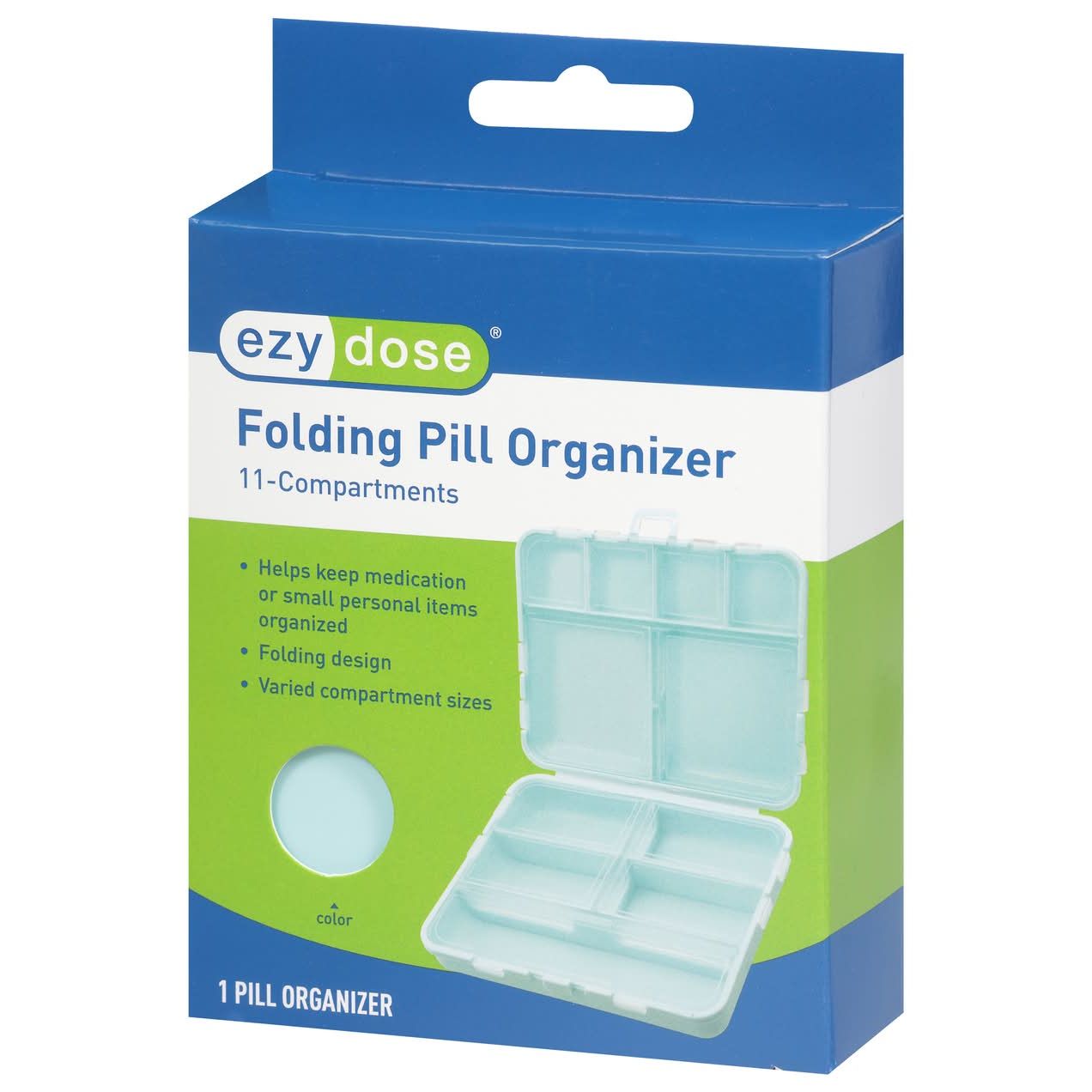 Ezy Dose 11-compartment foldable pill case in white with clear lid, designed for organizing daily medications.