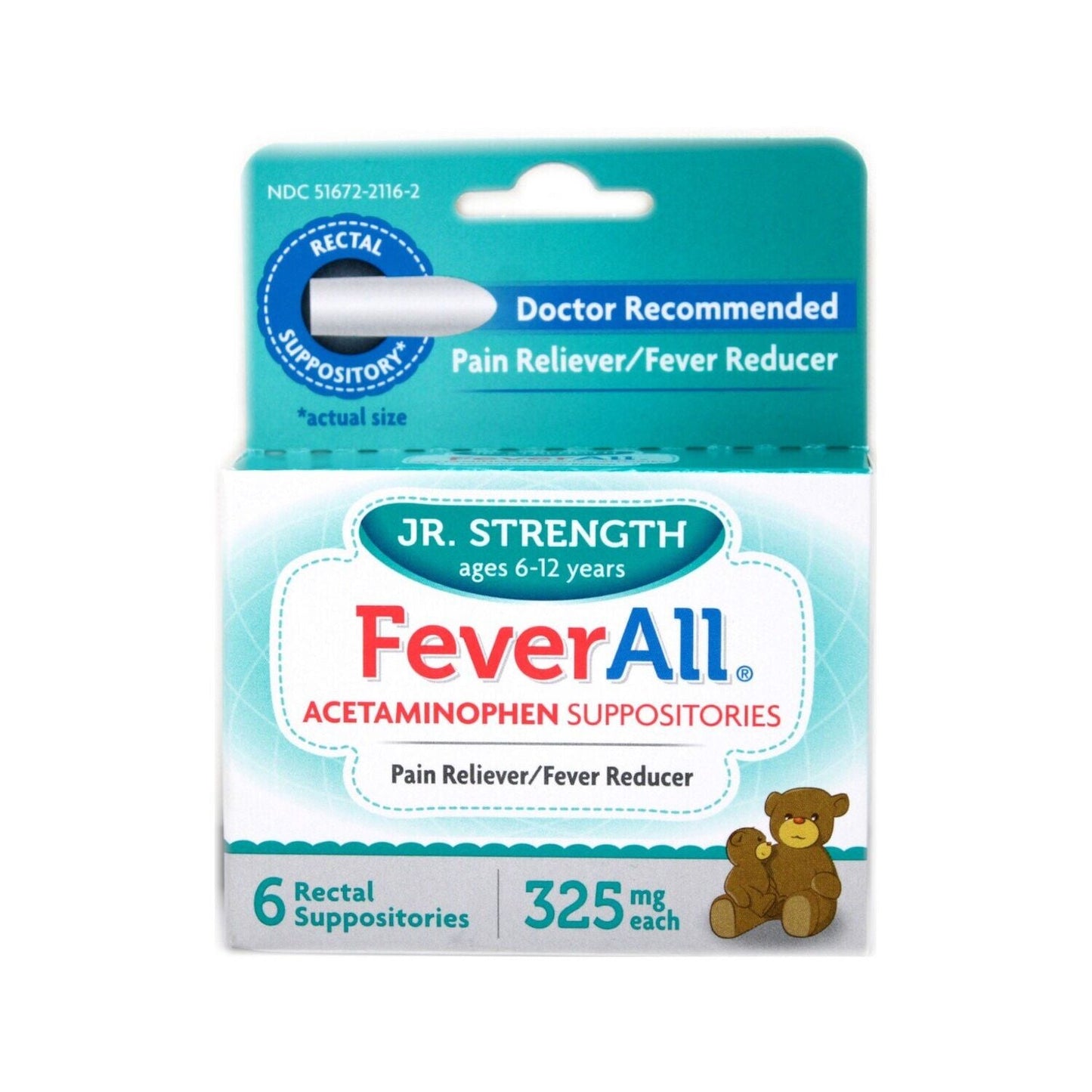 FeverAll Jr. Strength Acetaminophen Suppositories 325 mg in packaging, used for children's fever relief and pain management.